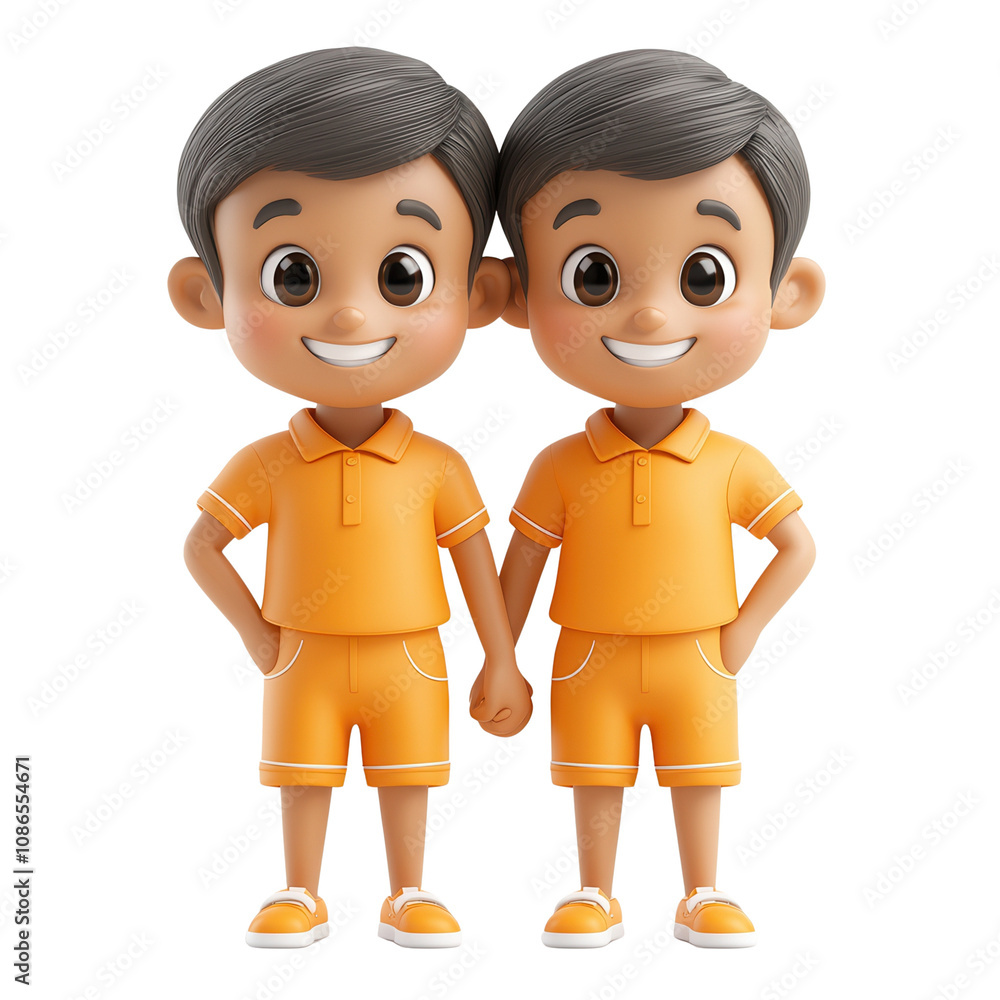 Naklejka premium Two cheerful cartoon boys in matching orange outfits, holding hands and smiling. Perfect for children's themes and friendship.3d render object isolated on white background
