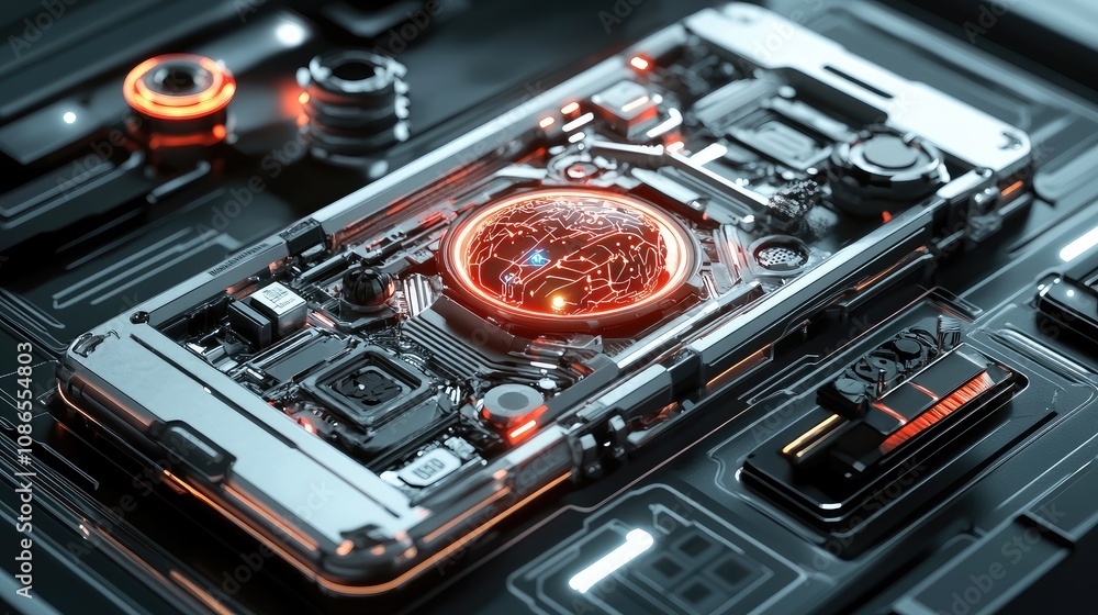 3D render of mobile phone with robotic components and central glowing AI brain, sleek background 3D render of mobile phone with robotic components and central glowing AI brain, sleek background