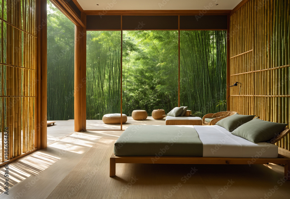 A living space nestled within a lush bamboo grove. The room features minimalist furniture made of bamboo, woven rattan mats and soft, natural colored cushions. The walls are made of natural stone A living space nestled within a lush bamboo grove. The room features minimalist furniture made of bamboo, woven rattan mats and soft, natural colored cushions. The walls are made of natural stone