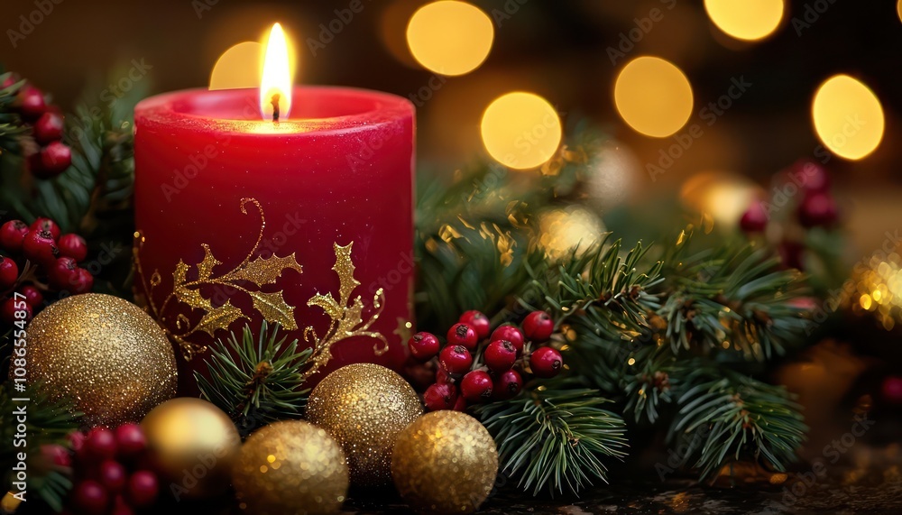 A red candle with a festive arrangement of gold baubles, pine needles, and holly berries A red candle with a festive arrangement of gold baubles, pine needles, and holly berries