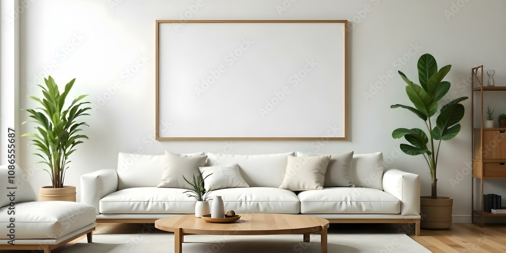 A modern living room with a large blank white frame on the wall above a white sofa and a round wooden coffee table in the foreground A modern living room with a large blank white frame on the wall above a white sofa and a round wooden coffee table in the foreground