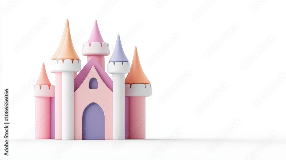 Obraz premium A fairytale castle toy house, pink and purple tones, fantasy theme, 3D illustration, isolated on white background