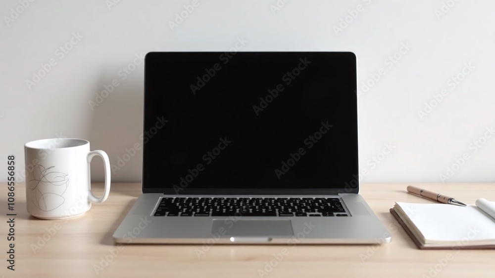 Minimalist workspace sleek modern laptop ceramic mug Minimalist workspace sleek modern laptop ceramic mug
