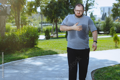 Man with excess weight jogging in the park and feel unhealthy, heart problems. photo