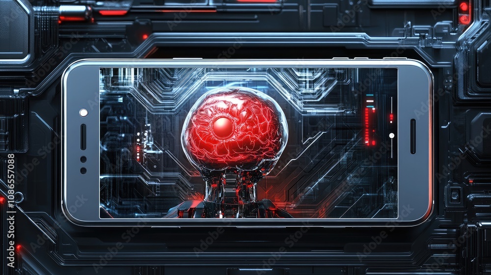 Obraz premium Phone with AI brain in center, robotic metallic frame around, concept of smart technology