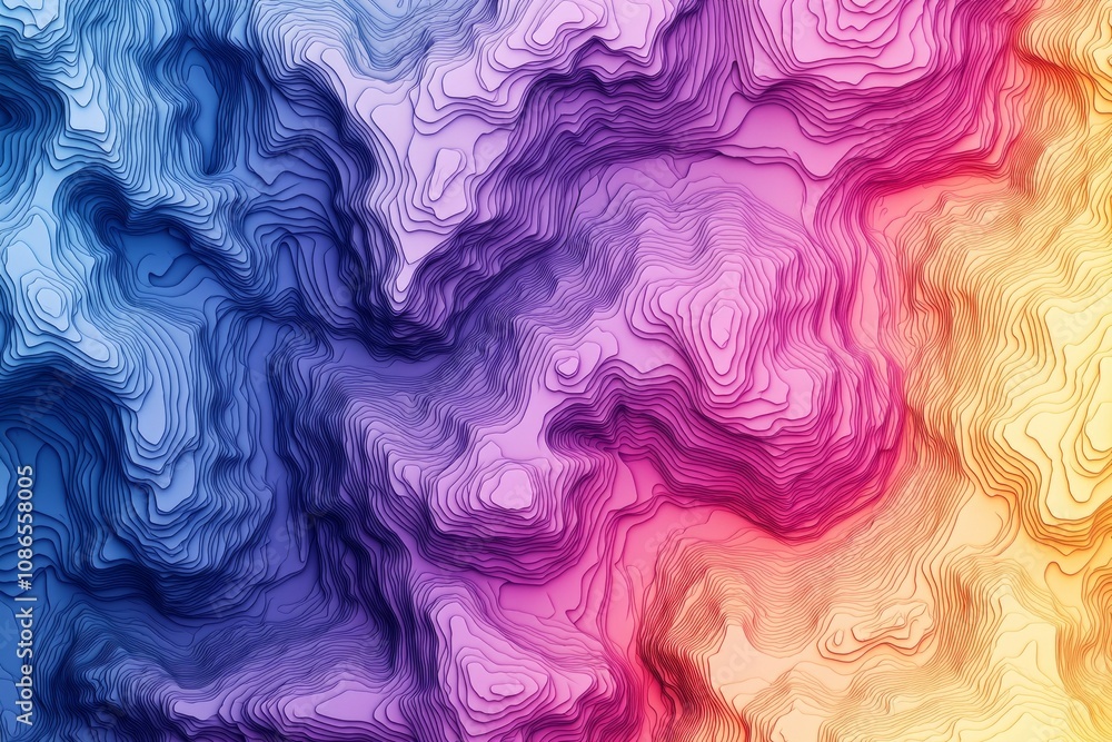 Fototapeta premium Beautiful Gradient Map with Contour Lines: Abstract topographic map with colorful gradient hues and high-detail contour lines, representing geographical concepts. 