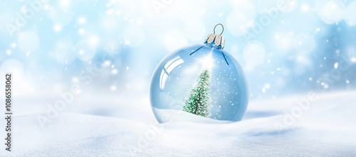 Weihnachtskugel aus Glas vor verschneiter Landschaft im Hintergrund