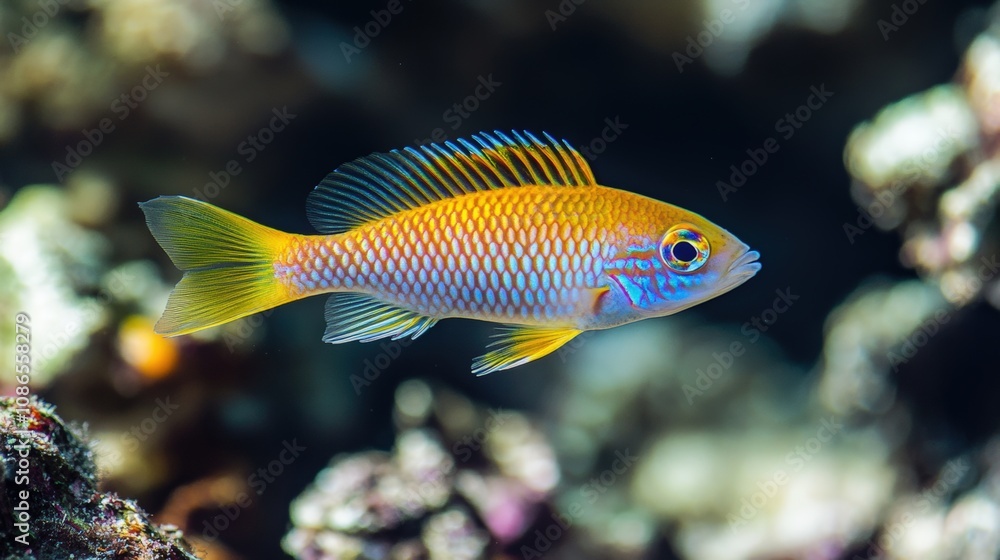 Vibrant Yellow and Blue Reef Fish in Coral Habitat Vibrant Yellow and Blue Reef Fish in Coral Habitat