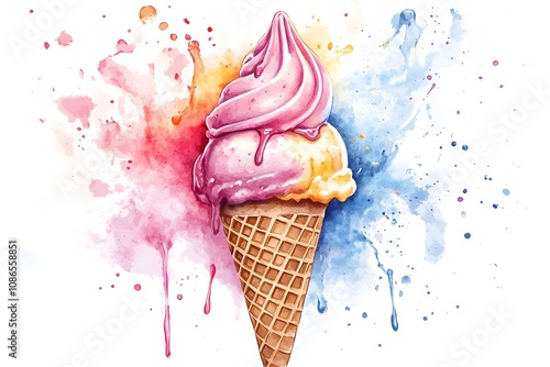 illustration of an ice cream set. Different types and tastes of cold desserts cups cones soft serve bars sticks popsicles frozen juice in waffles and on sticks. Vintage hand-drawn style generative ai