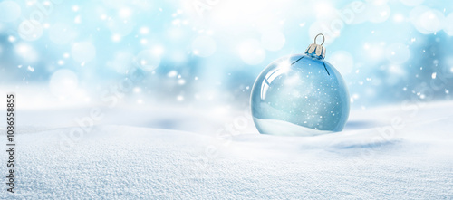 Weihnachtskugel aus Glas vor verschneiter Landschaft im Hintergrund
