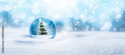 Weihnachtskugel aus Glas vor verschneiter Landschaft im Hintergrund