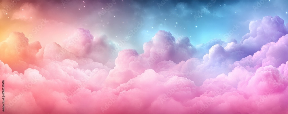 Naklejka premium A vibrant sky filled with fluffy clouds in shades of pink, purple, and blue, creating a dreamy and ethereal atmosphere.