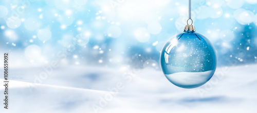 Weihnachtskugel aus Glas vor verschneiter Landschaft im Hintergrund