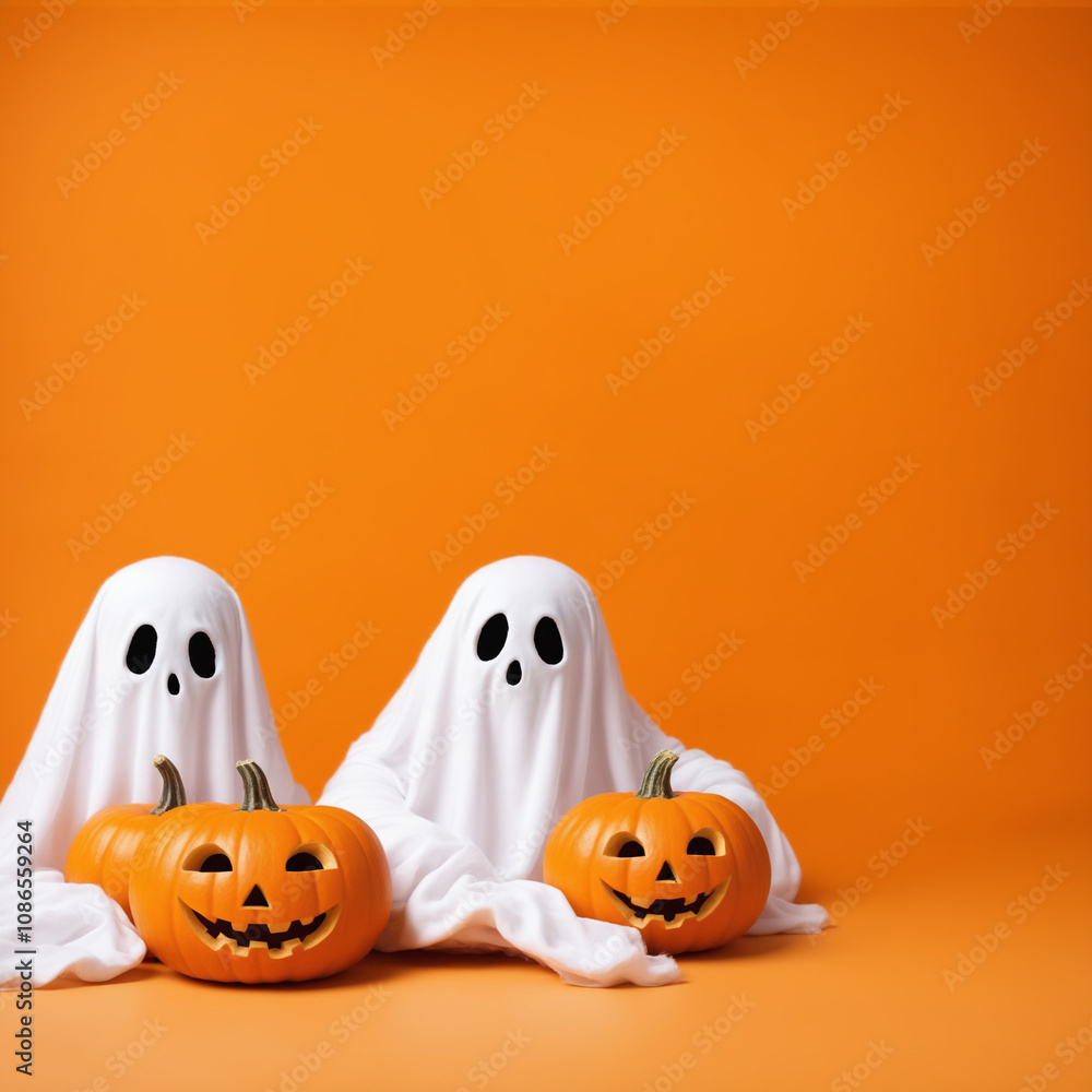 Adorable Ghost Costumes With Jack-O'-Lanterns Against Orange Background Adorable Ghost Costumes With Jack-O'-Lanterns Against Orange Background
