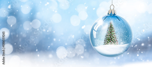 Weihnachtskugel aus Glas vor verschneiter Landschaft im Hintergrund