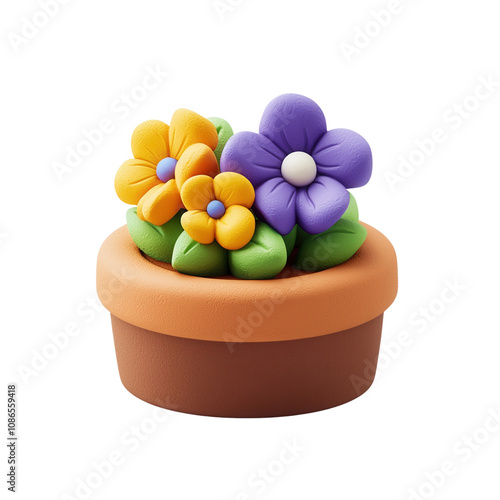 A colorful clay flower pot filled with vibrant flowers, perfect for adding a cheerful touch to any space.3d render object isolated on white background