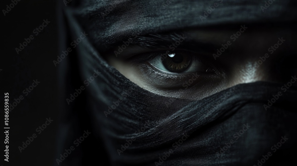 An empty scene featuring blank mockup template filled with a close-up of a masked ninja eye, with the rest of the face concealed in darkness, perfect for International Ninja Day, An empty scene featuring blank mockup template filled with a close-up of a masked ninja eye, with the rest of the face concealed in darkness, perfect for International Ninja Day,