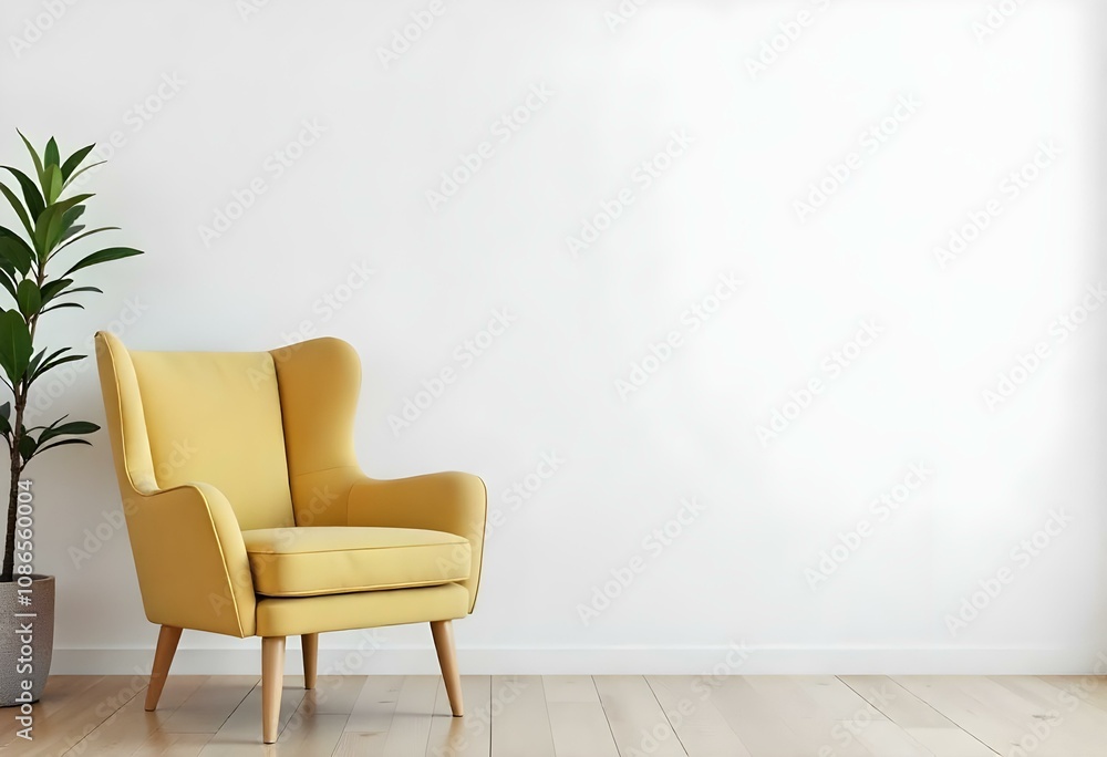 A yellow armchair in a minimalist room with a white wall and wooden floor A yellow armchair in a minimalist room with a white wall and wooden floor