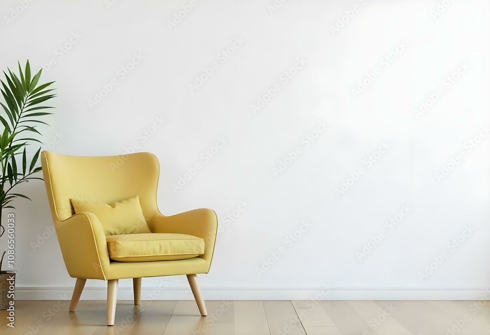 A yellow armchair in a minimalist room with a white wall and wooden floor A yellow armchair in a minimalist room with a white wall and wooden floor