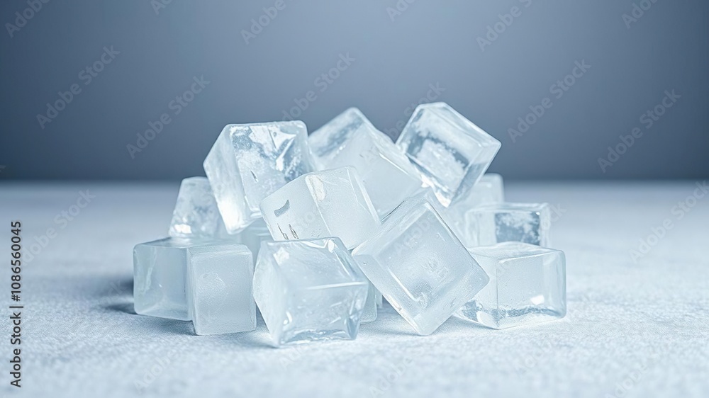 Obraz premium A cluster of transparent ice cubes sitting on a frosty table surface in an isolated environment, winter scene, frosty atmosphere