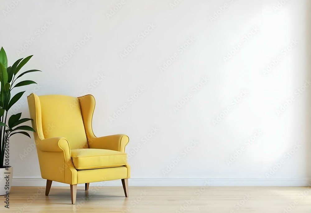 A yellow armchair in a minimalist room with a white wall and wooden floor A yellow armchair in a minimalist room with a white wall and wooden floor