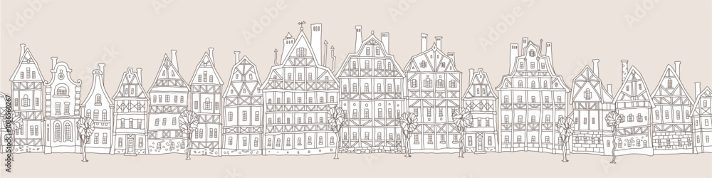 Seamless border pattern. Fairy tale half-timbered houses, medieval European town street panorama. Coloring book page on a beige background Seamless border pattern. Fairy tale half-timbered houses, medieval European town street panorama. Coloring book page on a beige background