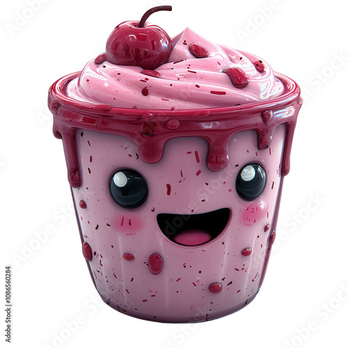 A cute, smiling dessert cup with pink frosting and a cherry on top, perfect for evoking joy and sweetness.3d render object isolated on white background