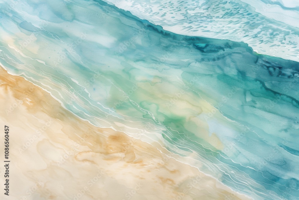 Abstract watercolor depiction of ocean waves meeting sandy beach. Abstract watercolor depiction of ocean waves meeting sandy beach.