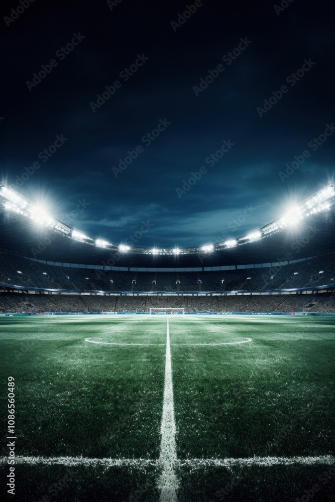 photograph of Modern sport stadium at night and football or soccer field with white goalpost ready for match photograph of Modern sport stadium at night and football or soccer field with white goalpost ready for match