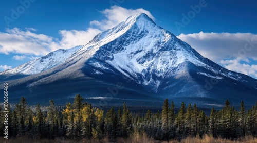 Majestic SnowCapped Mountain Peak, Coniferous Forest, Autumn Colors