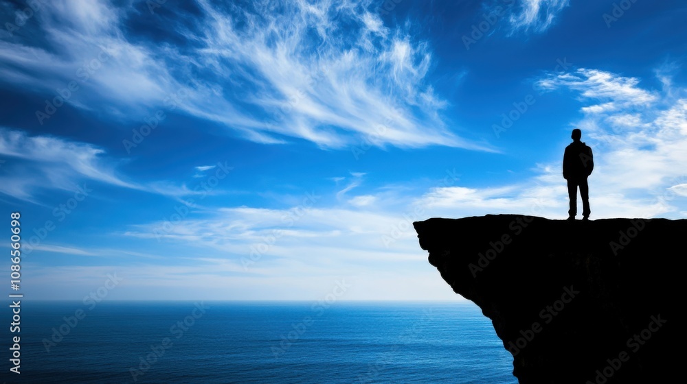 Ocean Cliff Silhouette Man Contemplates Vast Blue Sky Seascape Ocean Cliff Silhouette Man Contemplates Vast Blue Sky Seascape