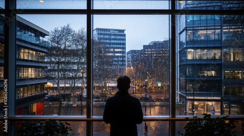 Rainy Cityscape Viewed Through Window Man Contemplating Urban Scene