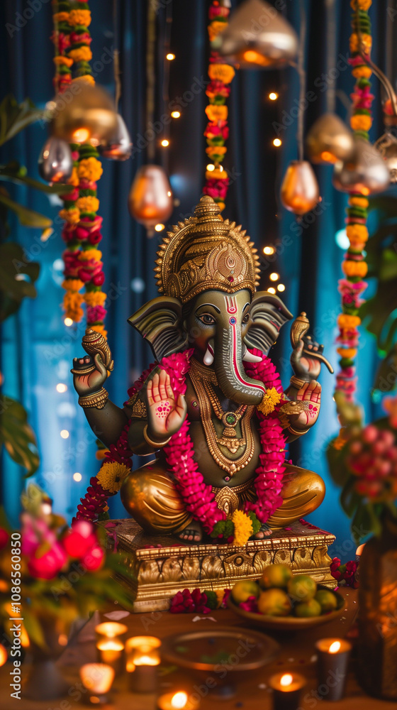 Fototapeta premium A grand Ganesh idol covered in vibrant garlands, placed on a beautifully decorated stage surrounded by lamps and festival ornaments