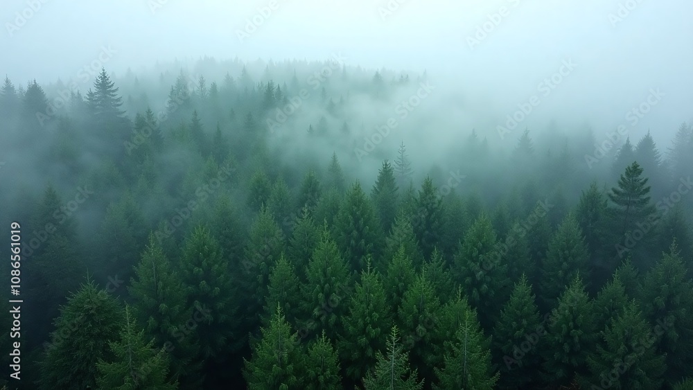 Fototapeta premium Dense misty forest evergreen trees mist branches foliage