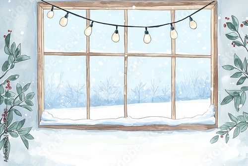 Whimsical watercolor illustration christmas theme, A cozy winter scene featuring a snowy window adorned with string lights and greenery, creating a warm, festive atmosphere.