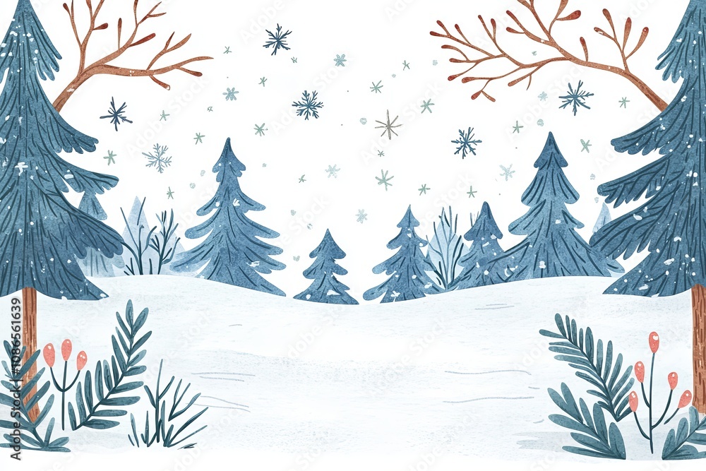 Obraz premium A serene winter scene featuring snow-covered trees, delicate snowflakes, and a peaceful atmosphere, perfect for evoking a cozy seasonal vibe.