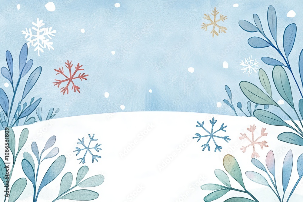 Whimsical watercolor illustration christmas theme, A serene winter scene with soft blue background, delicate leaves, and colorful snowflakes creating a tranquil, seasonal atmosphere. Whimsical watercolor illustration christmas theme, A serene winter scene with soft blue background, delicate leaves, and colorful snowflakes creating a tranquil, seasonal atmosphere.