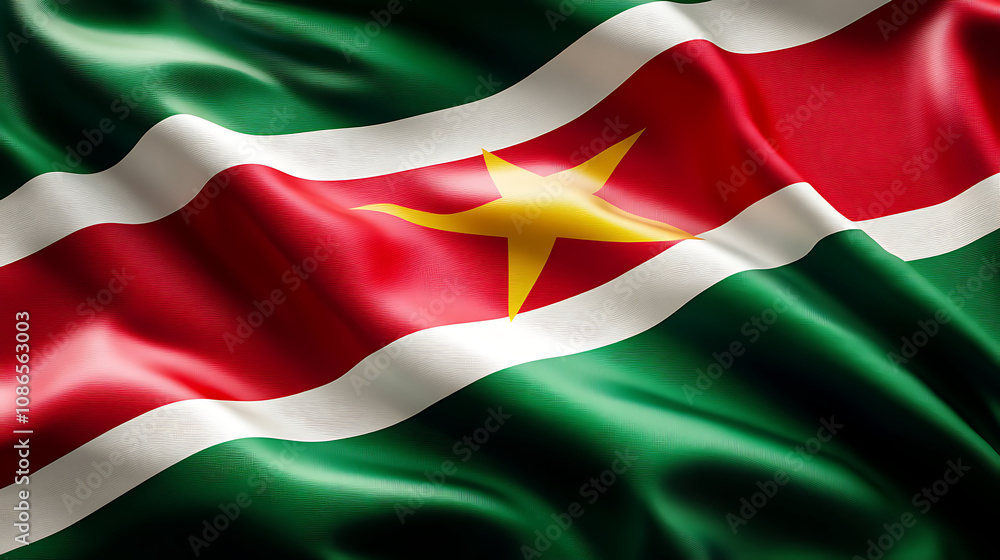 Realistic Suriname Flag Background In Silk Texture Style Realistic Suriname Flag Background In Silk Texture Style