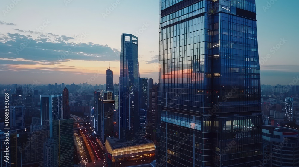 Obraz premium Aerial View of Skyscrapers at Sunset