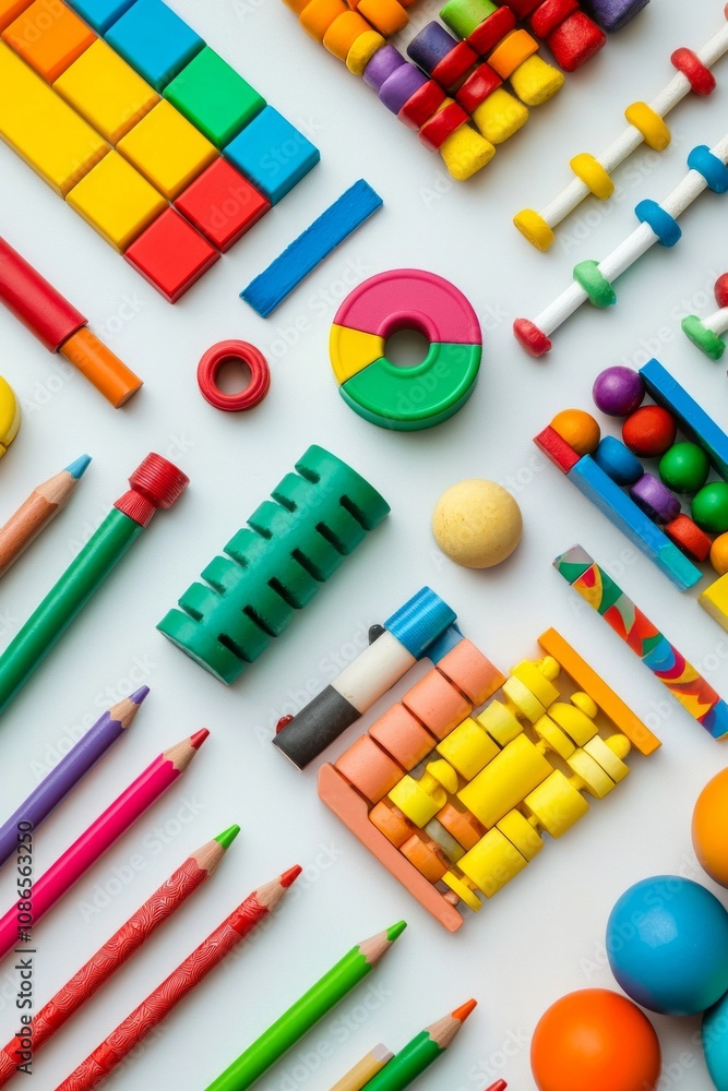 Naklejka premium Flat-lay of vibrant children's toys like building blocks, colorful objects, ideal for playful and educational themes.