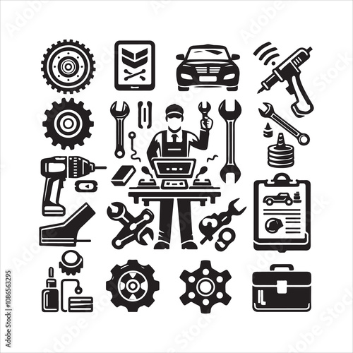 Car service silhouette vector. Car repair & Parts icons set vector on a white background.
