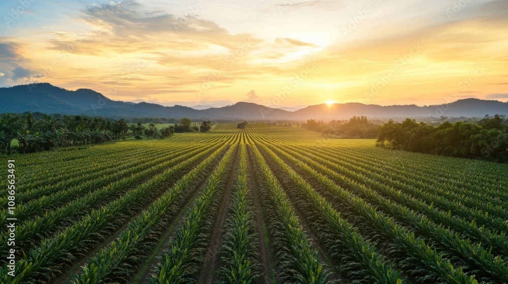 Golden Sunset Over Lush Green Rows of Cornfield Plantation Golden Sunset Over Lush Green Rows of Cornfield Plantation