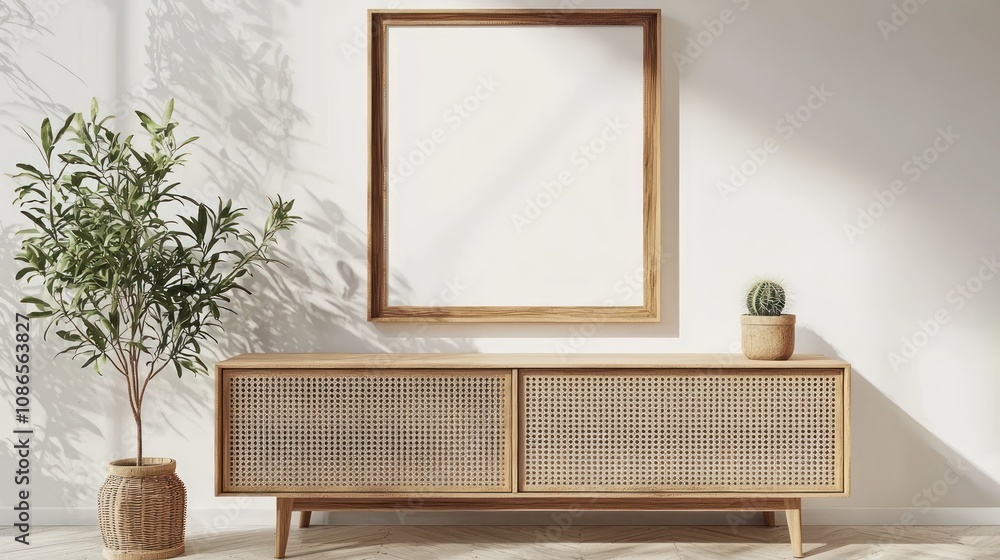 Living room setup featuring a poster frame mockup on a white wall and wooden decor.