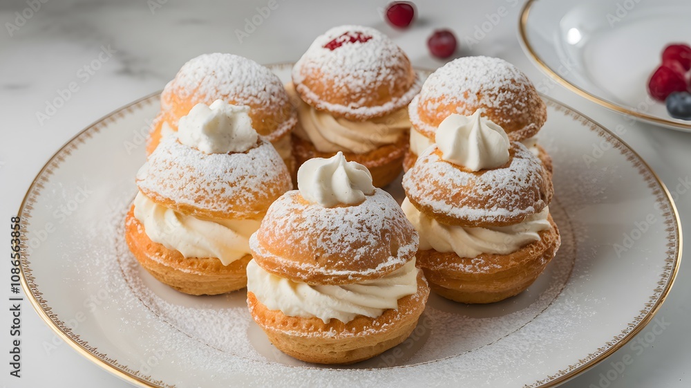 Elegant Bavarian Cream Puff Pastries Topped with Powdered Sugar