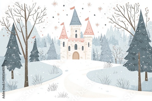 A whimsical winter scene depicting a castle surrounded by snow-covered trees, creating a serene and magical atmosphere.