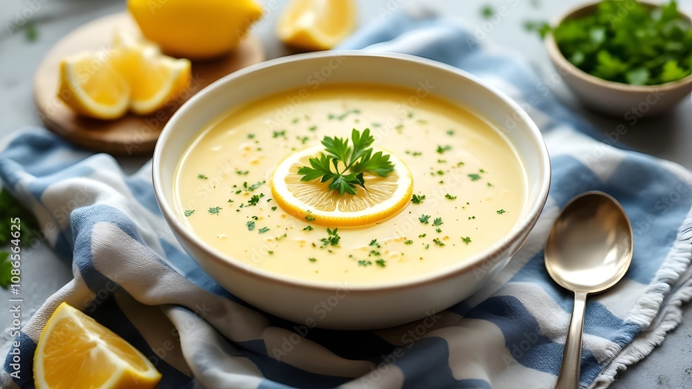 Avgolemono Soup (Greek Lemon Chicken Soup) with Fresh Herbs and Lemon Slices (Greek Cuisine) Avgolemono Soup (Greek Lemon Chicken Soup) with Fresh Herbs and Lemon Slices (Greek Cuisine)