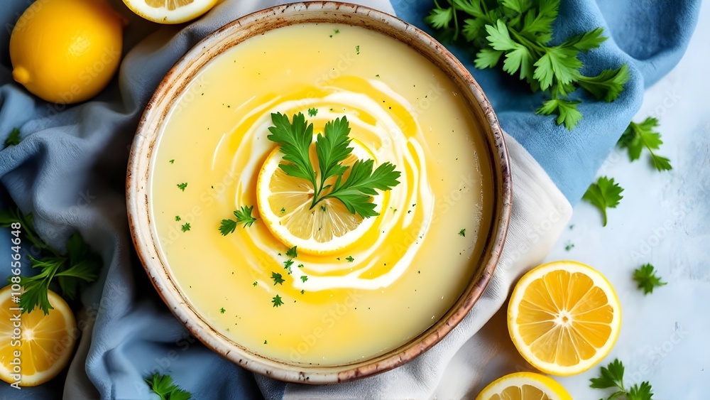 Overhead View of Avgolemono Soup (Greek Lemon Soup) in a Bowl with Lemon Slices and Fresh Herbs (Greek Cuisine) Overhead View of Avgolemono Soup (Greek Lemon Soup) in a Bowl with Lemon Slices and Fresh Herbs (Greek Cuisine)