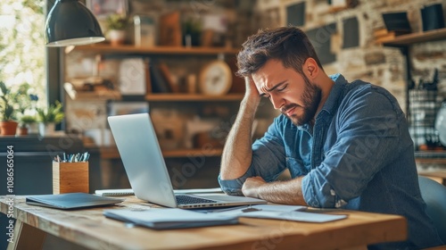 Overwhelmed remote worker sitting in a home office, frustrated by mismanaged files, covering his face in exasperation, with a laptop and scattered papers. photo