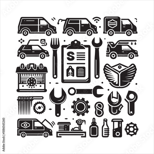 Car service silhouette vector. Car repair & Parts icons set vector on a white background.
