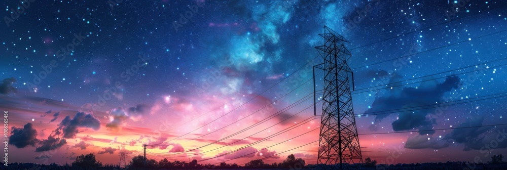 Fototapeta premium Starry Night with Power Lines